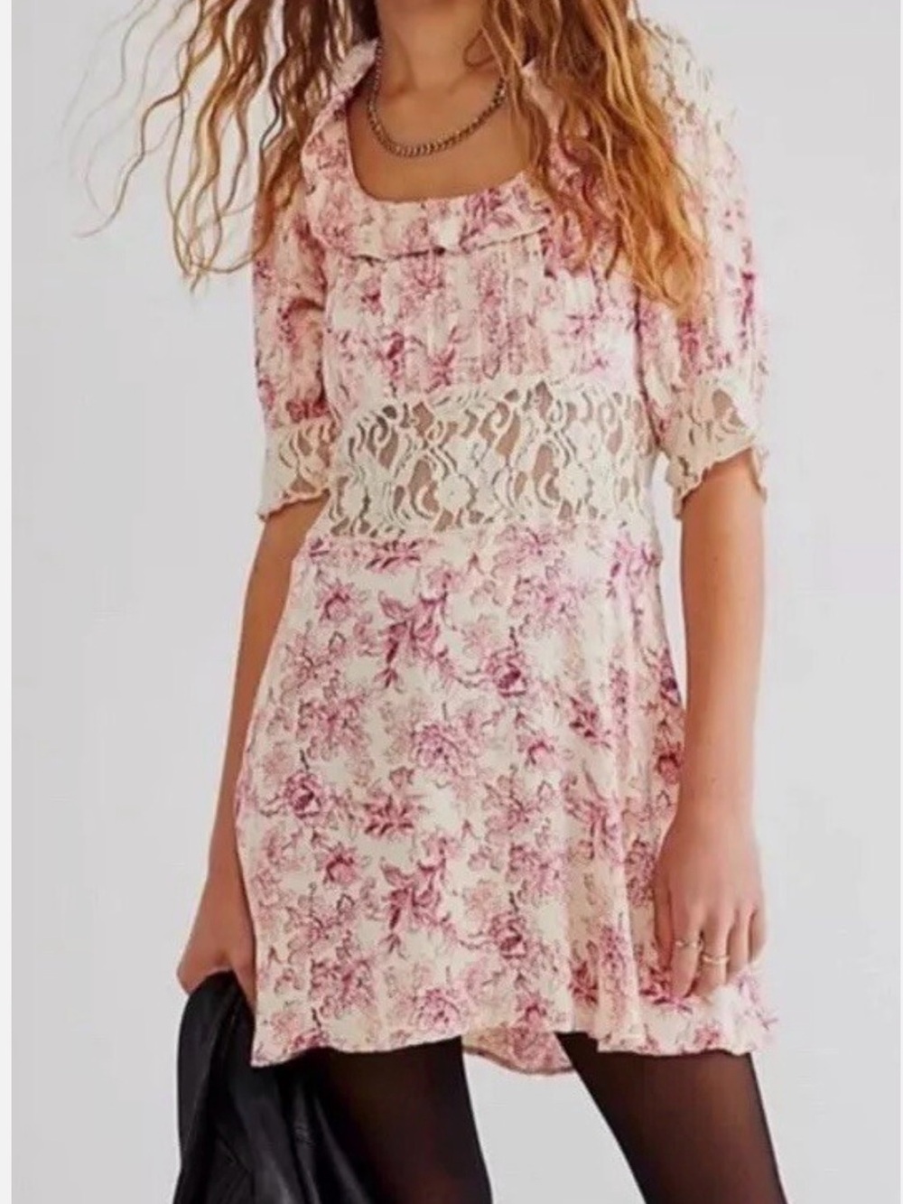 Free People Lucie Mini Dress Pink Combo Lace Cutout Open Back - Size Small EUC